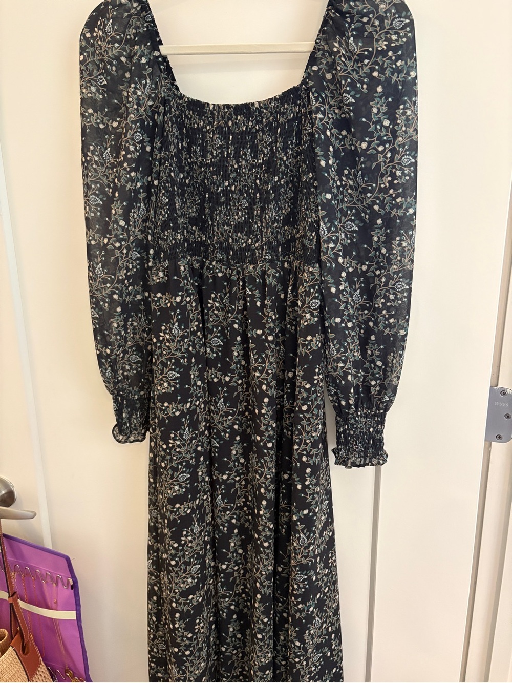 Black Floral Long-Sleeve Smocked Maxi Dress